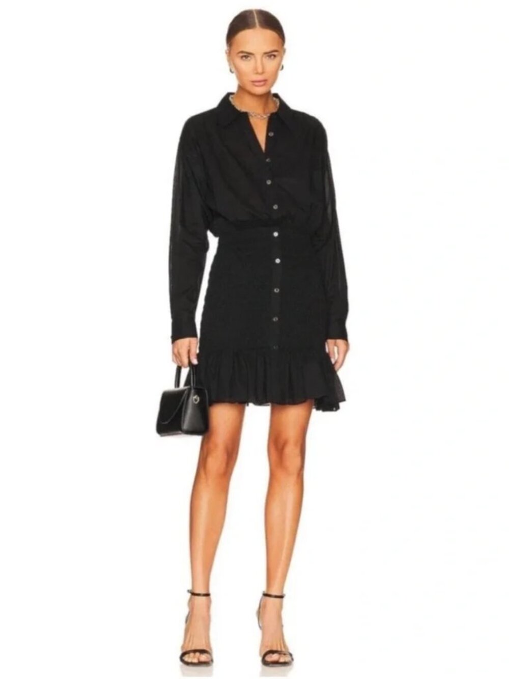 VERONICA BEARD Newport Dress Mini Black Shirtdress Smocked skirt Button Up sz 2 - Picture 6 of 15